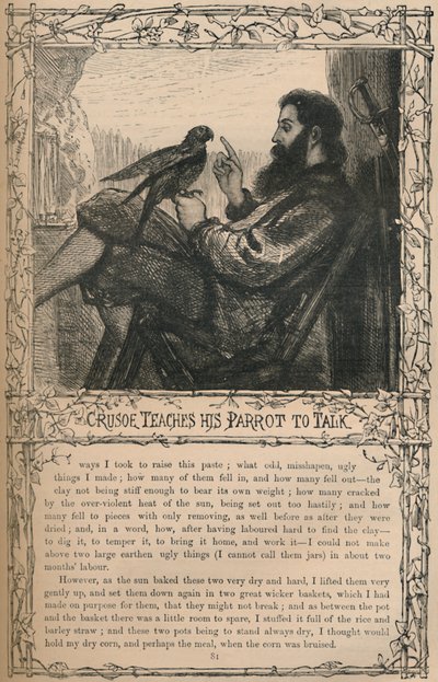 Crusoe lär sin papegoja att prata, c1870 av Unbekannt