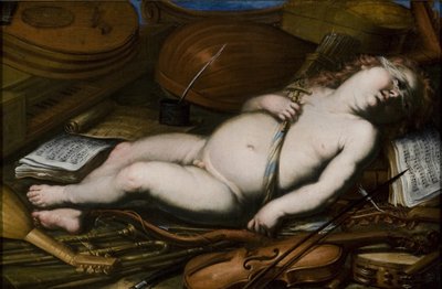 Cupid bland musikinstrument, mitten av 1600-talet av Unbekannt