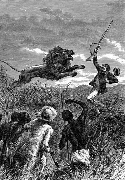 David Livingstone, skotsk missionär och afrikansk upptäcktsresande, anklagas av ett lejon, c1860 av Unbekannt