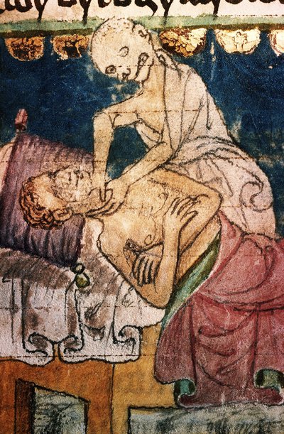 Döden stryper ett offer för pesten. Från Stiny Codex, 1300-talet av Unbekannt