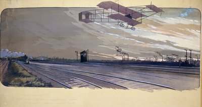 Början av flyget: Louis Paulhan (1884-1963) passerar över ett järnvägsspår ombord på sitt biplan under det 300 km långa London/Manchester raklinjeloppet den 27 och 28 april 1910 av Unbekannt
