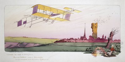 Början av flyget: Maurice Farman (1878-1964) i sitt biplan utrustad med en Renault-motor under loppet "Voyage de Bac a Chartres", cirka 1910 av Unbekannt
