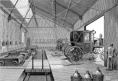 Depå där elektriskt drivna Parishytter försågs med nyladdade batterier, 1899 av Unbekannt