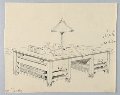 Design för massivt biblioteksförvaringsbord med två öppna bårhyllor på vardera sidan, 1900–05 av Unbekannt