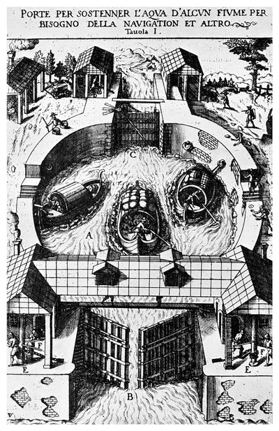 Design för gångjärnsförsedda kanalslussar av Leonardo da Vinci, 1400-talet 1956 av Unbekannt