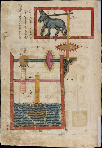 Design på varje sida för vattenhjul bearbetad av Donkey Power..., daterad A.H. 715 A.D. 1315. av Unbekannt