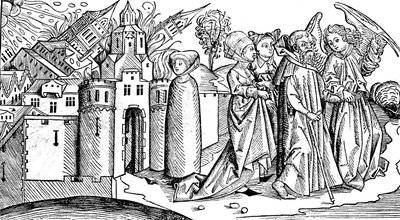 Förstörelse av Sodom och Gomorra genom jordbävning, 1493 av Unbekannt