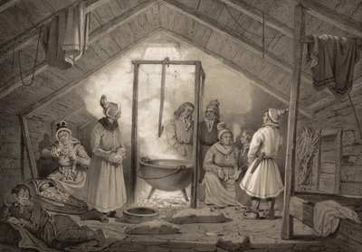 Interiören i en bondgård i Finnmark. Illustration hämtad från boken Norge producerad i Drawings av Asbjørnsen, P.Chr. och utgiven av Chr. Tønsberg (nr, 1848) Söndagsklädda samer i ett vardagsrum. «Trästugor (...) förekommer endast undantagsvis vid Sölapper av Unbekannt