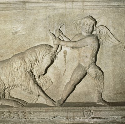 Detalj från en grekisk sarkofag från Lydia, föreställande en putto som brottas med en get (marmor) av Unbekannt