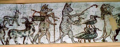 Detalj från den egyptiska "satiriska papyrusen" av en räv som spelar på pipor och ledande getter, och en katt av Unbekannt