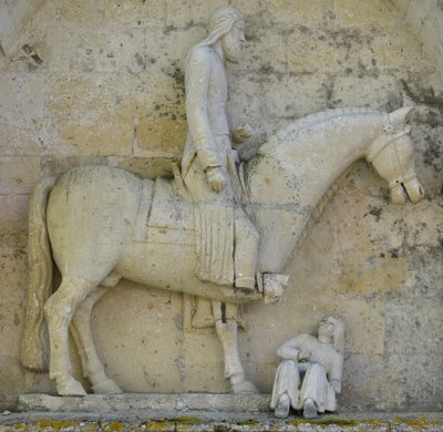 Detalj av den laterala portalen som representerar kejsar Konstantin I den store som symboliserar den kristna förflyttande hedendomen, Saint Hilaire-kyrkan i Melle (79500), Deux Sevres av Unbekannt