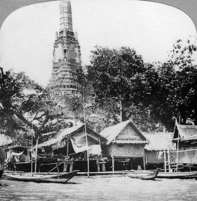 Dhows och hus vid Chao Phraya-floden, Bangkok, Thailand, 1900-talet av Unbekannt