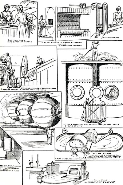 Diagram som illustrerar beredningen av trasor och espartogräs för papperstillverkning, c1917 av Unbekannt