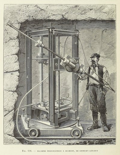 Diamantborrmaskin designad av Georges Leschot, pub. 1883 gravyr, 1883. av Unbekannt
