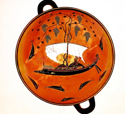 Dionysius i en segelbåt omgiven av delfiner, antik grekisk maträtt Krater, 530 f.Kr. av Unbekannt