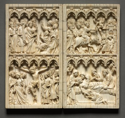 Diptyk med scener ur Kristi liv vänsterflygel: Lazarus uppståndelse och korsfästelse, ca. 135 av Unbekannt