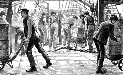 Hamnarbetare som lossar te i London Docks, 1889 av Unbekannt
