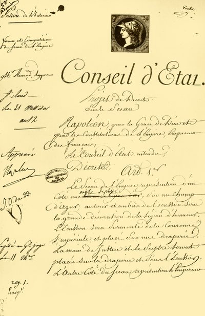 Utkast till dekret om det kejserliga sigillets form och sammansättning, 10 juli 1804, 1921. av Unbekannt