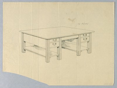Ritning, design för massivt biblioteksbord med fyrkantiga räfflade ben och öppna bårhyllor av Unbekannt