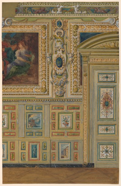 Ritning, Sektion av en vägg som visar grupper av målade paneler, Oval kammare, Salong Louis XIV, Palace of Fontainebleau, Frankrike av Unbekannt