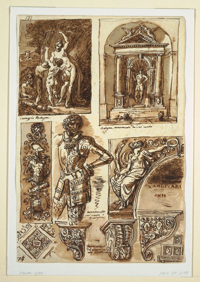 Ritning, Studieblad efter Bolognesiska monument, 1811–14 av Unbekannt