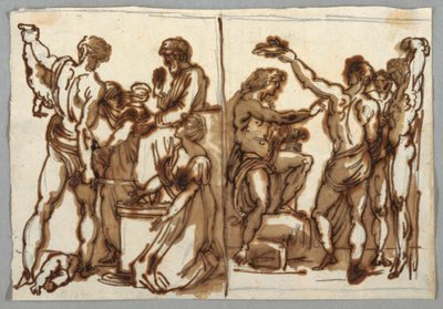 Teckning, Salomos dom; Marsyas dödande, ca 1820 av Unbekannt