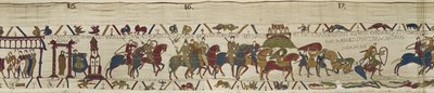 Hertig William leder sin armé till Bretagne där Harold modigt räddar soldater från kvicksanden, Bayeux Tapestry (ullbroderi på linne) av Unbekannt