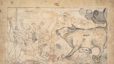 Durga konfronterar Buffalo Demon Mahisha: Scene från Devi Mahatmya, Ka. 1780. av Unbekannt