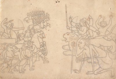 Durga och Kali närmar sig Chandas och Mundas samlade arméer... Devi Mahatmya, ca 1780. av Unbekannt
