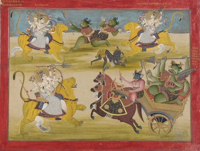 Durga kämpar mot Rakshasas Shunga och Nishunga, från en Devi Mahatmya, mitten av 1800-talet. av Unbekannt