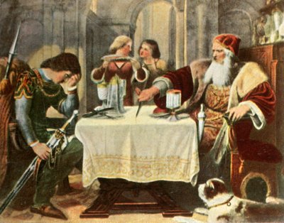 Eberhard skär halva duken mellan sig och sin son Ulrich, 1377, 1936. av Unbekannt