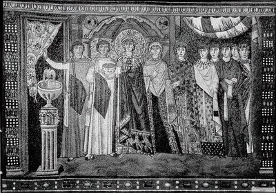 Kejsarinnan Theodora och medlemmar av hennes hov, bysantinskt, original från början av 1900-talet daterat 600-talet. av Unbekannt