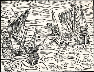 Förlovning mellan två handelsfartyg utanför Islands kust, 1555 av Unbekannt