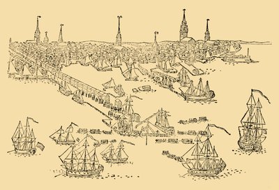 Engelska krigsfartyg i Boston där tefesten ägde rum 1768, c1930. av Unbekannt