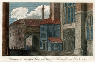 Ingången till Montague Close, och en del av St Savios Church, Southwark, London, 1814 av Unbekannt