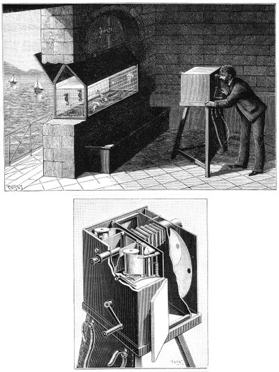 Etienne Jules Marey 1830-1903, med filmkamera, 1903 av Unbekannt