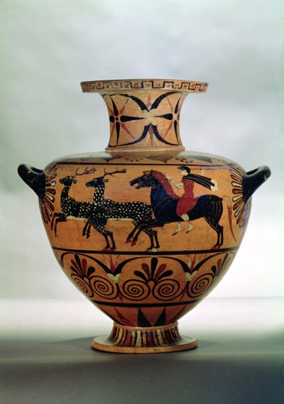 Etruskisk-jonisk svartfigurshydria som skildrar en jaktscen, från Cerveteri, ca 540-530 f.Kr. (keramik) av Unbekannt
