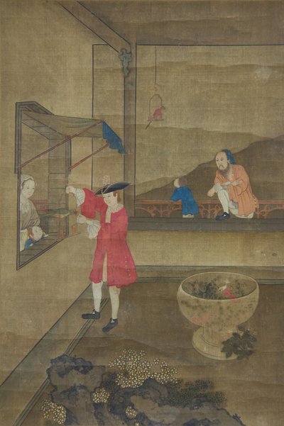 Europeiskt par och barn som leker med papegoja, 1700-talet. av Unbekannt