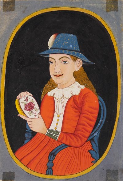 Europeisk, troligen holländsk kvinna som håller i en emaljerad låda, 1700-1800-tal av Unbekannt