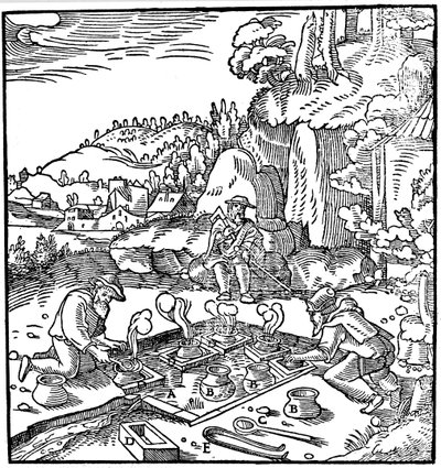Indunstning av krukor med saltlake i en naturlig varm källa för att få salt, 1556 av Unbekannt