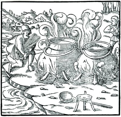 Indunstning av havsvatten i järngrytor för att få salt, 1556 av Unbekannt