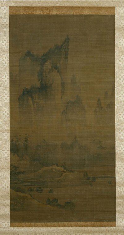 Aftonklocka från ett dimhöljt tempel, höstmåne över sjön Dongting höger, ca. 1450-1500. av Unbekannt