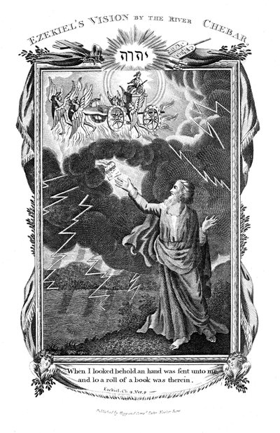 Hesekiels syn av en vagn på himlen och en hand i molnen som räcker fram en bok till honom, 1804 av Unbekannt