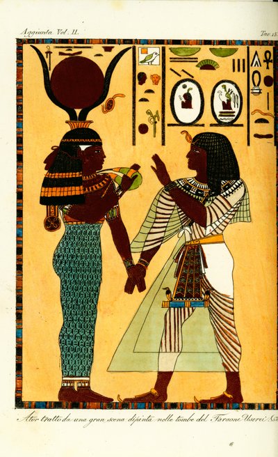 Figur av den egyptiska gudinnan Hathor med kung Seti I från hans grav i Thebe, upptäckt av Giovanni Battista Belzoni av Unbekannt