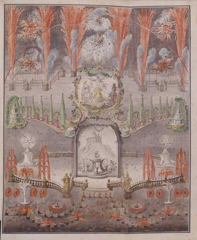 Fyrverkerier och belysning den 17 september 1747 i Gostilitsy, mitten av 1700-talet. av Unbekannt