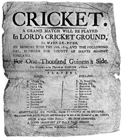 Flyer som annonserar en cricketmatch mellan Hampshire och England, 1819 1912 av Unbekannt