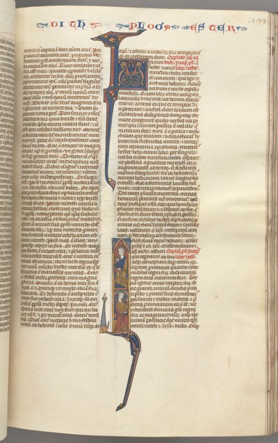 Fol. 199r, Esther, historisk initial, två sittande mansfigurer, ca. 1275-1300. av Unbekannt