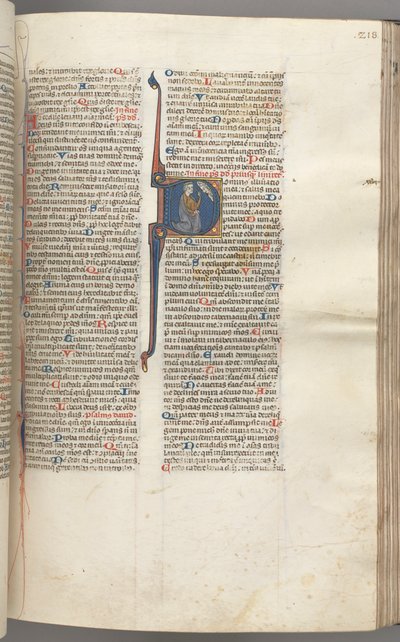 Fol. 218r, Psalm 26, historisk initial D, David på knä och pekar på sina ögon, Guds byst..., av Unbekannt