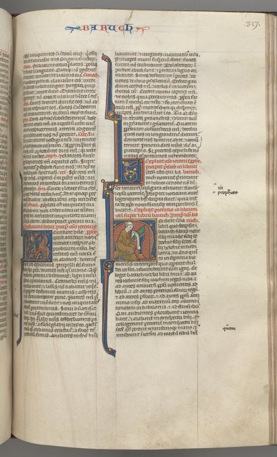 Fol. 317r, Baruch, historisk initial H, Baruch sittande vid ett skrivbord och skriver på en rulle, ca. 1275-1300. av Unbekannt