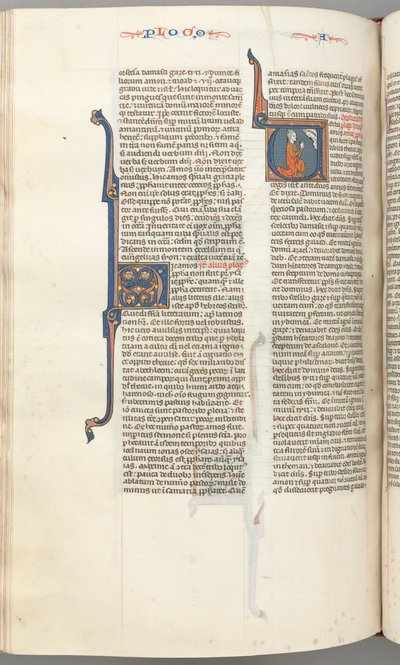Fol. 354v, Amos, historisk initial V, Amos knäböjer, gudsbyst ovan, ca. 1275-1300. av Unbekannt